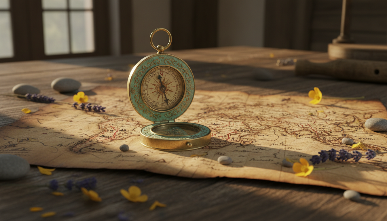 An aged brass compass with a delicate patina, resting atop a richly textured vintage map marked with winding routes and faded notations. The environment is a rustic wooden table sprinkled with tiny pebbles and pressed wildflowers, suggesting preparation for an outdoor journey. Warm, golden afternoon sun pours across the tableau, causing the compass face to glint and the edges of the map to glow gently. The composition centers the compass, framed with an intentional asymmetry, evoking exploration, curiosity, and the timeless spirit of travel. The visual mood is adventurous and inspiring with photographic realism and vibrant details.