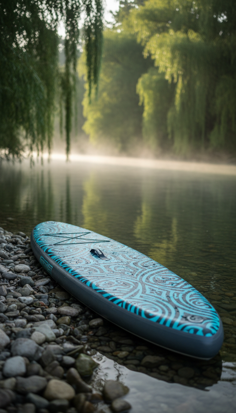 A slim graphite paddle board with an intricate turquoise tribal pattern, positioned at the edge of a crystal-clear river framed by smooth river stones and dense, willow-lined banks. Early morning mist hovers above the water, diffusing the sunlight into a soft, ethereal glow. The reflective board surface shimmers with subtle water droplets, while the surrounding setting is vibrant yet tranquil. Photographed from a side angle with a gentle bokeh effect in the background, the image radiates calm, anticipation, and the promise of adventure, in a visually clean and contemporary style.