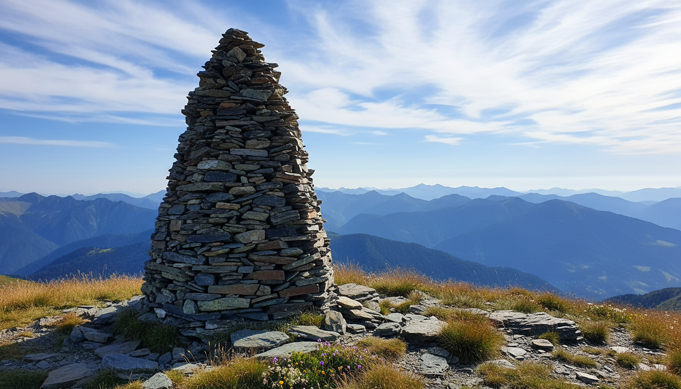 A rugged mountain summit cairn, constructed from stacked, irregular slate stones, stands resolute against a panoramic backdrop of distant blue ridges and cloud-streaked sky. Wisps of high-alpine grasses and wildflowers encircle the base, signaling the untamed environment. Crisp, clear midday light defines every surface—highlighting jagged rock textures, shadowed crevices, and the subtle sheen of moisture. Shot from a slightly low angle with deep focus for dramatic depth, the composition conveys both challenge and triumph, embodying the essence of adventure travel in a bold, naturalistic style.