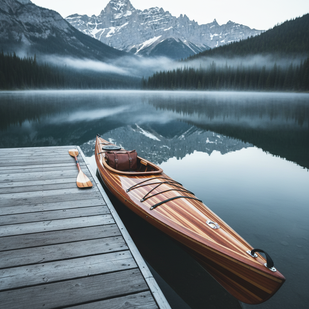 A handcrafted wooden kayak, its polished cedar hull gleaming with rippling reflections, floats beside a tranquil mountain lake dock. The surface of the lake mirrors craggy peaks and dense evergreen forest, while tufts of mist cling to the water, hinting at early morning. Cool overcast light softens the scene, infusing it with a calming, almost meditative quality. Captured from a slightly elevated angle with sharp focus on the kayak’s detailed wood grain and nickel hardware, the composition highlights crisp lines and harmonious natural colors for a clean, authentic adventure travel aesthetic.